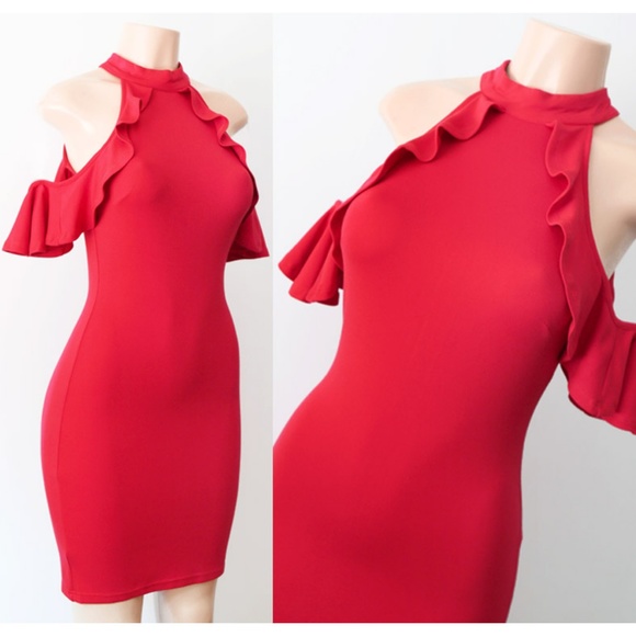 Red Mock Neck Ruffle Cold Shoulder Bodycon Dress - Picture 2 of 8